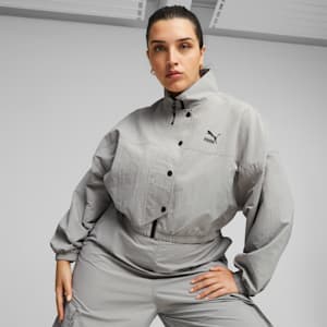 DARE TO Women's Cropped Woven Jacket, Concrete Gray, extralarge