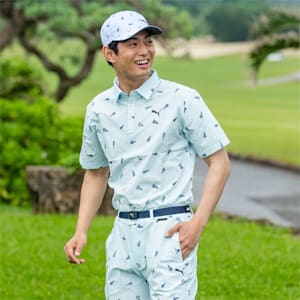 メンズ ゴルフ フラッグプリント シアサッカー 半袖 ポロシャツ, Tropical Aqua