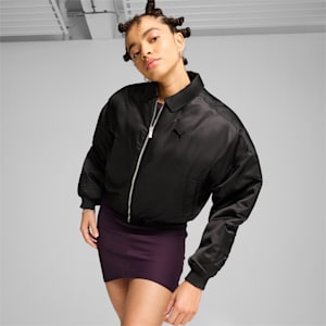 Women's Satin Bomber Jacket, PUMA Black, extralarge