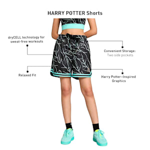 PUMA HOOPS x HARRY POTTER™ Women's Relaxed Fit Basketball Shorts, PUMA Black-AOP, extralarge-IND