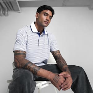 MATTR Elevated Stripe Men's Golf Polo, Blue Crystal-Deep Navy, extralarge-IND