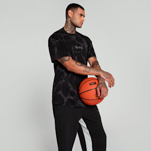 HOOPS x LAFRANCÉ Written in Chrome Marble Relaxed Fit Basketball Tee, PUMA Black-Flat Medium Gray AOP, extralarge-IND