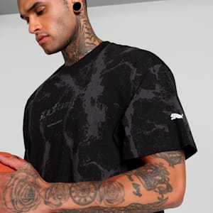 HOOPS x LAFRANCÉ Written in Chrome Marble Relaxed Fit Basketball Tee, PUMA Black-Flat Medium Gray AOP, extralarge-IND