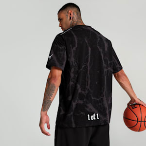 HOOPS x LAFRANCÉ Written in Chrome Marble Relaxed Fit Basketball Tee, PUMA Black-Flat Medium Gray AOP, extralarge-IND