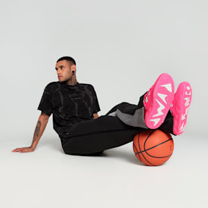 HOOPS x LAFRANCÉ Written in Chrome Marble Relaxed Fit Basketball Tee, PUMA Black-Flat Medium Gray AOP, extralarge-IND