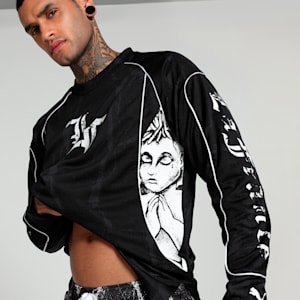 HOOPS x LAFRANCÉ Written in Chrome Men's Relaxed Fit Basketball Jersey, PUMA Black-Flat Medium Gray AOP, extralarge-IND