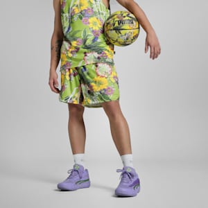 Dunked In Florals All-Over Print Men's Basketball Shorts, Pistachio Green-AOP, extralarge-IND
