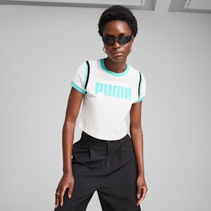ウィメンズ フューチャー プーマ アーカイブ グラフィック ベビー 半袖 Tシャツ, PUMA White-Aquatic, extralarge-JPN