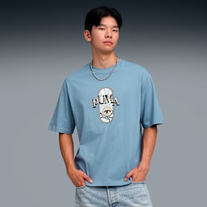 Graphic Printed Men's Boxy Cotton T-shirt, Cool Blue, extralarge-IND