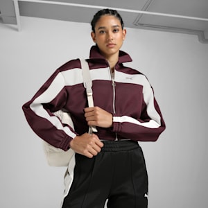 Women's Relaxed Fit Cropped Track Jacket, Ruby Shimmer, extralarge-IND
