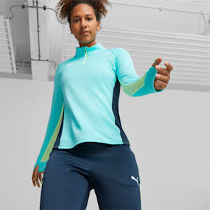 Playera de fútbol con cremallera de un cuarto individualBLAZE para mujer, Electric Peppermint-Dark Night