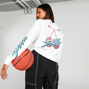 Cherry on Top Long Sleeve Women's Oversized Fit Basketball Tee, PUMA White, extralarge-IND