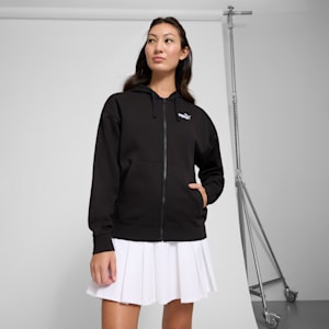 Sudadera con capucha de vellón con cierre completo para mujer logotipo pequeño Essentials No. 1, PUMA Black, extralarge