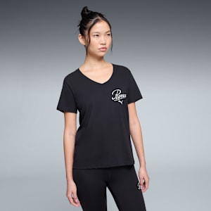 Essentials Script V-Neck Tee Women, PUMA Black, extralarge