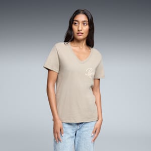 Essentials Script V-Neck Tee Women, Ice Coffee, extralarge