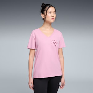 Essentials Script V-Neck Tee Women, Poised Pink, extralarge