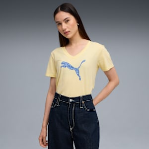 Graphic Pebble V-Neck Tee Women, Gold Moon, extralarge
