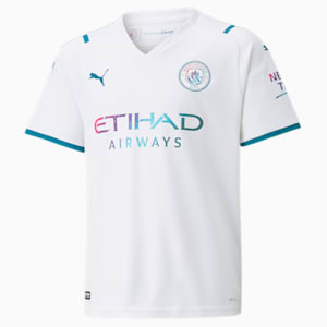 Manchester City F.C. Away Kid's Replica T-Shirt, Puma White-Ocean Depths