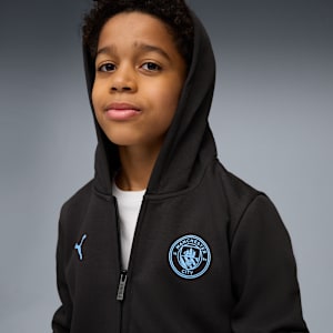 Manchester City FtblEssentials Hooded Jacket Big Kids, PUMA Black-Team Light Blue, extralarge