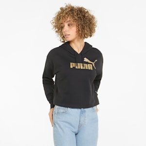 Essentials+ Cropped Metallic Women's Hoodie, Puma Black-Gold Foil