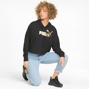 Essentials+ Cropped Metallic Women's Hoodie, Puma Black-Gold Foil