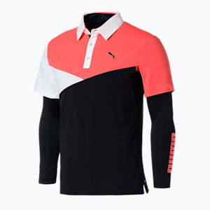 DRYCELL メンズ ゴルフ カラーブロック インナーセット 半袖 ポロ, HOT CORAL/PUMA BLACK