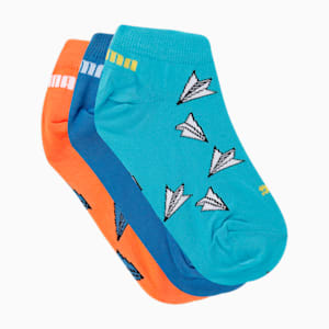 PUMA Aero Graphic Kid's Sneaker Socks Pack of 3, Scuba Blue/ Carrot/ Star Sapphire