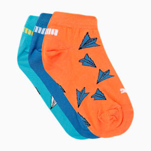 PUMA Aero Graphic Kid's Sneaker Socks Pack of 3, Scuba Blue/ Carrot/ Star Sapphire