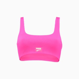 PUMA Swim Ribbed Scoop Neck Women's Bikini Top, neon pink