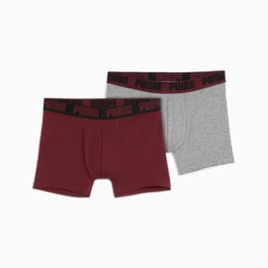 Burgundy and grey PUMA men's trunks with a branded waistband, presented side by side.