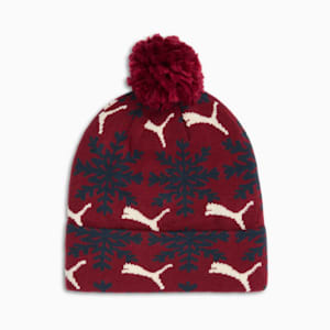 Fair Isle Winter Pom Pom Snowflake Beanie, DARK RED, extralarge