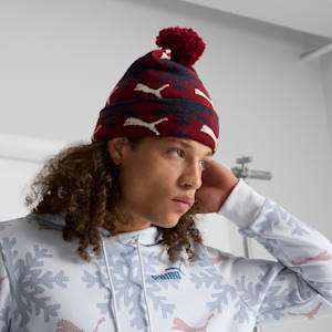 Fair Isle Winter Pom Pom Snowflake Beanie, DARK RED, extralarge