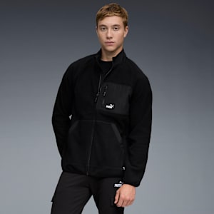 Chamarra de tejido polar con trama para hombre, BLACK, extralarge