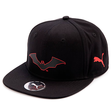 PUMA x BATMAN Flat Brim Football Cap, Puma Black-High Risk Red, small-PHL