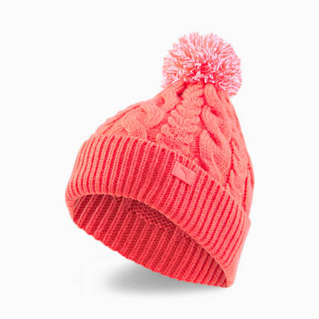 Cable Pom-Pom Golf Beanie Women, Carnation Pink-Bright White, small