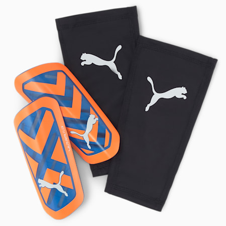 ULTRA Flex Sleeve Unisex Football Shin Guards, Ultra Orange-Blue Glimmer, small-AUS