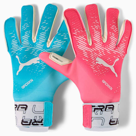ULTRA Grip 1 Tricks Hybrid Football Goalkeeper Gloves, Sunset Pink-Hero Blue, small