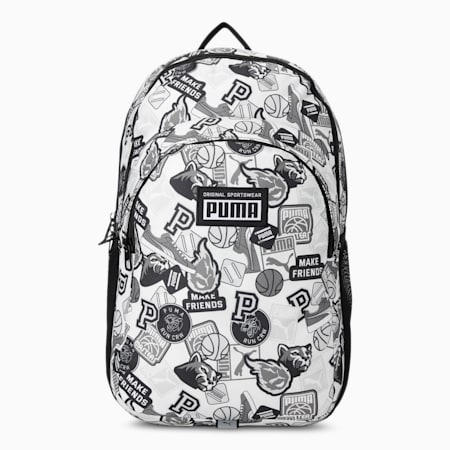 PUMA Academy Unisex Backpack, Puma White-Puma Black-Archive AOP, small-IND
