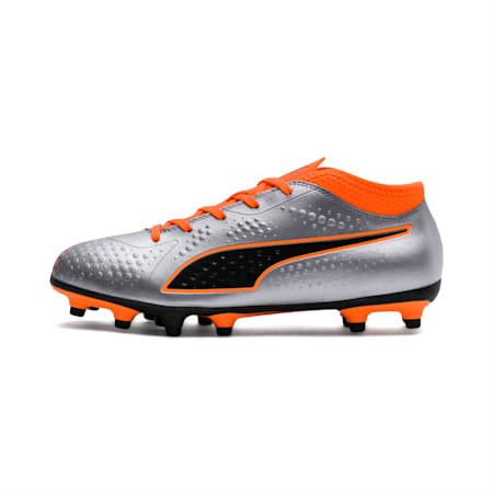 PUMA ONE 4 Synthetic FG Kids' Football Boots, Puma Silver-Shocking Orange-Puma Black, small-AUS