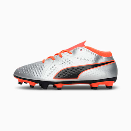 PUMA ONE 4 Synthetic FG Kids' Football Boots, Silver-Orange-Black, small-IND