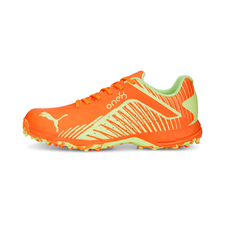 PUMA x one8 22 FH Rubber Unisex Cricket Shoes, Ultra Orange-Fast Yellow, small-IND