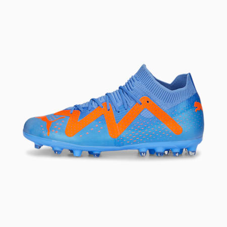 FUTURE Match MG Unisex Football Boots - Youth 8-16 years, Blue Glimmer-PUMA White-Ultra Orange, small-AUS