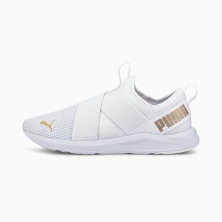 white and gold puma shoes
