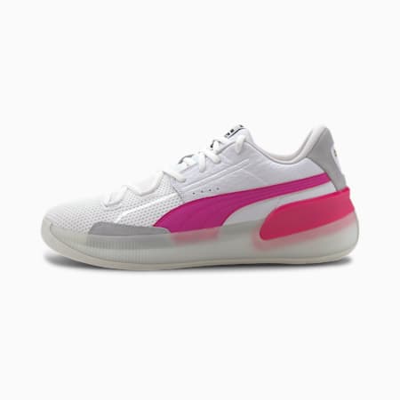 white and pink puma shoes