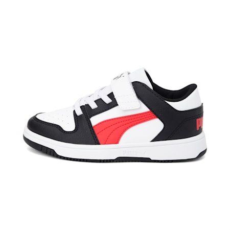 Rebound Lay-Up Lo V Kids' Trainers, Puma White-High Risk Red-Puma Black, small-THA