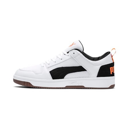 Rebound Lay-Up Lo Mesh Trainers, Puma White-Puma Black-Jaffa Orange-Gum, small-PHL