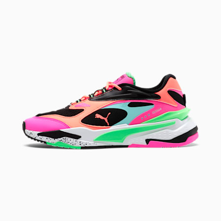 green and pink pumas