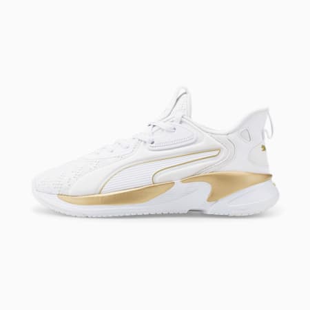 white puma shoes with gold