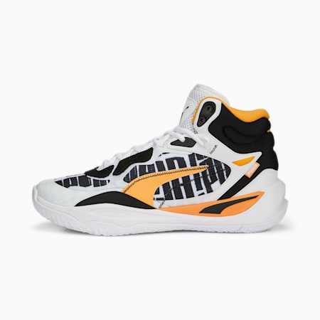 Playmaker Pro Mid Block Party Basketball Shoes, PUMA White-Clementine, small-SEA