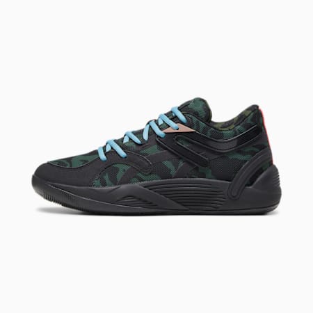 TRC Blaze Court Camo Unisex Basketball Shoes, PUMA Black-Myrtle-Dark Clove-Bold Blue-Electric Blush, small-AUS
